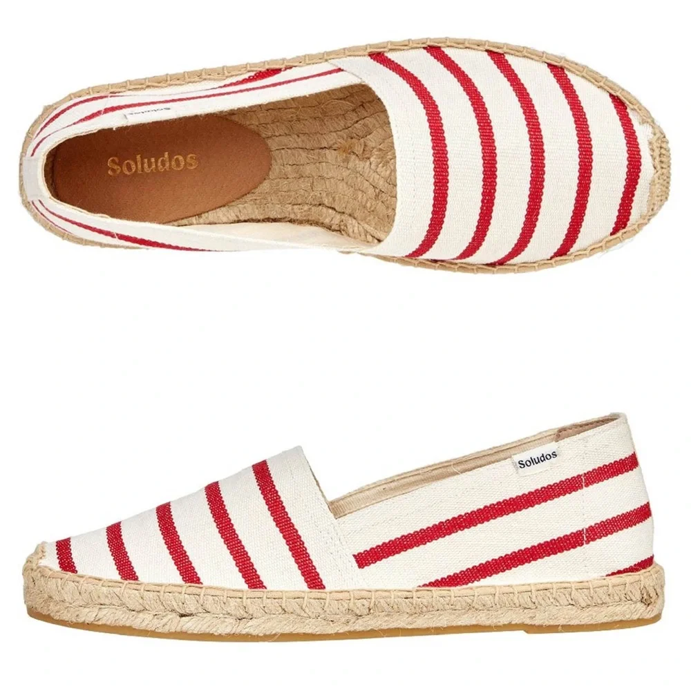 Soludos Dali Red Cream Linen Stripe Espadrilles Flats Summer NEW Womens 11